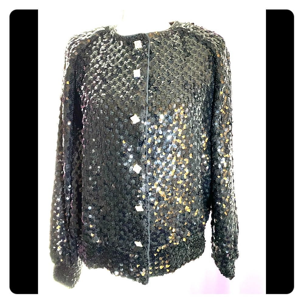 VTG Black Sequin Diamond Buttons Jacket